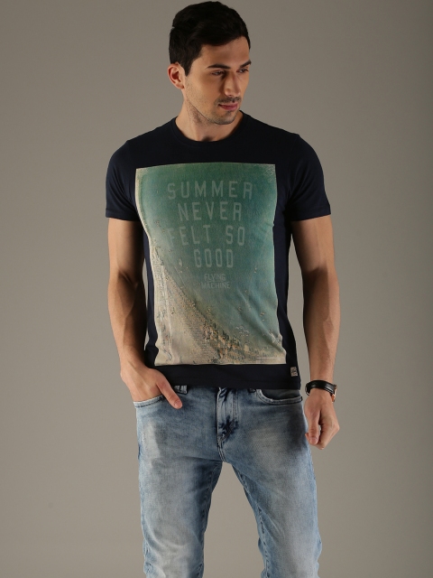 

Flying Machine Men Navy Printed Round Neck Pure Cotton T-shirt, Navy blue