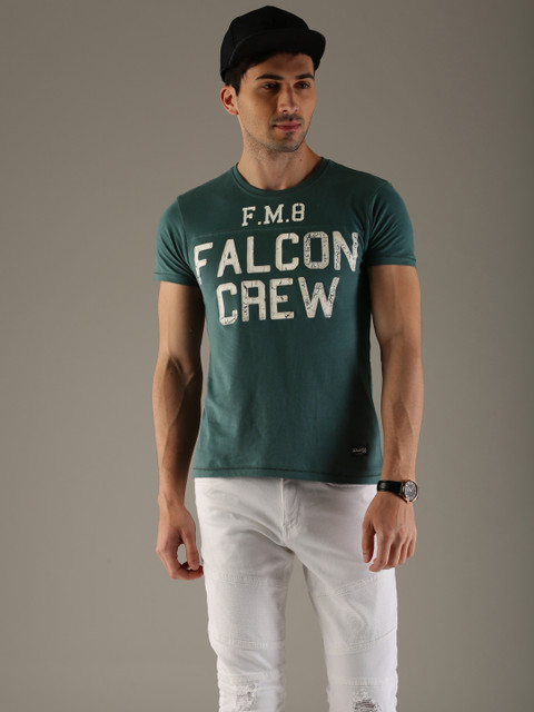 

Flying Machine Men Teal Green Printed Round Neck Pure Cotton T-shirt