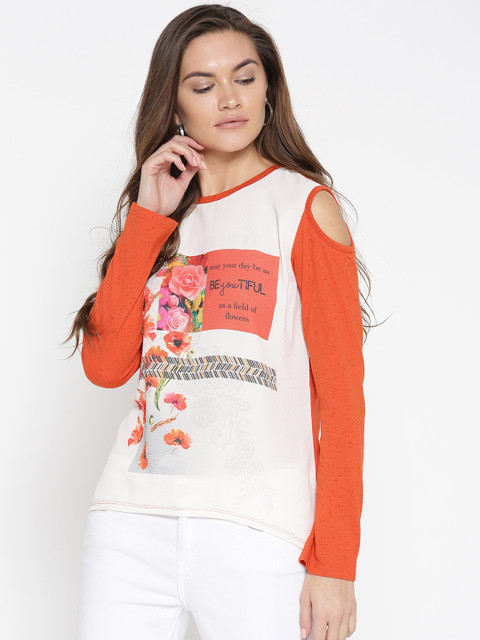 

OPt Women Off-White & Orange Printed Regular Top