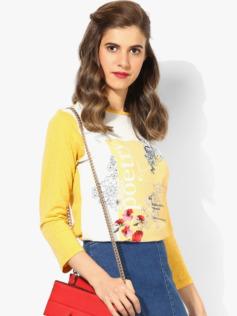 

OPt Women Mustard Yellow & White Printed Top