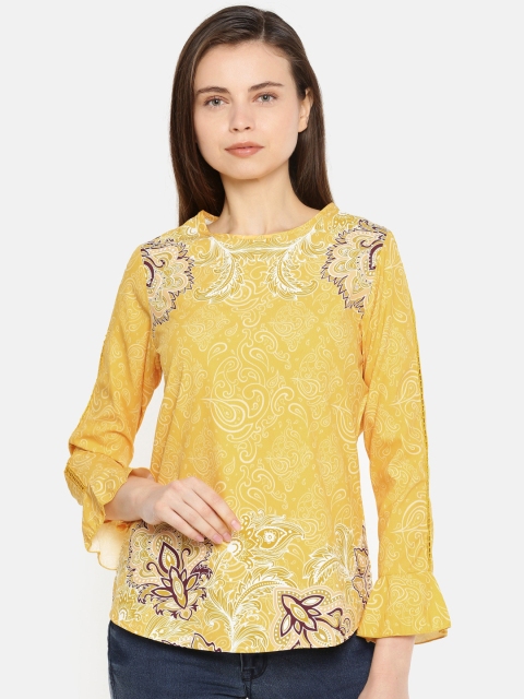 

OPt Women Mustard Yellow Ethnic Print Regular Top