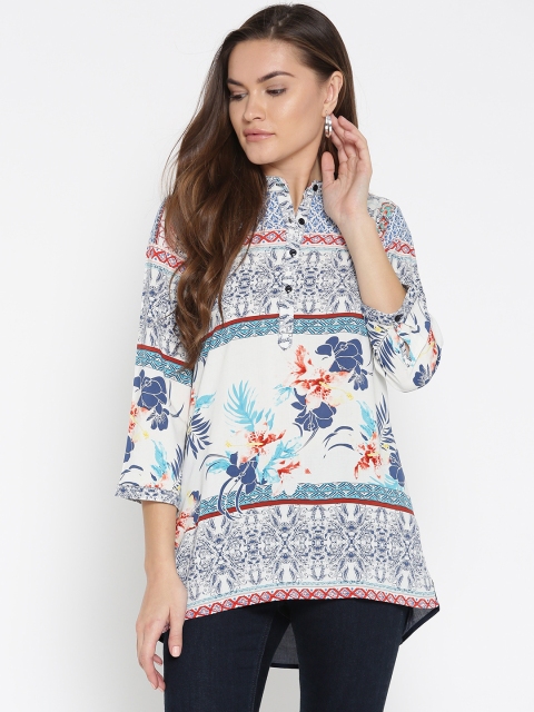 

OPt Women White & Blue Shirt Style Top