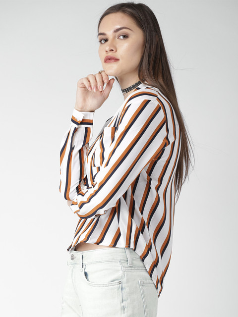 

FOREVER 21 Women Off-White & Navy Regular Fit Striped Casual Shirt