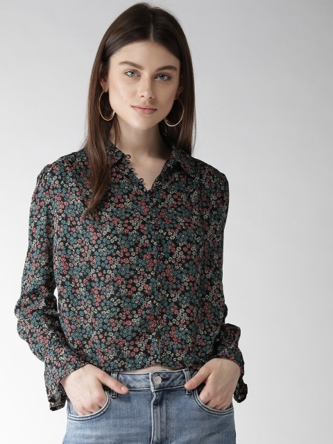 

FOREVER 21 Women Black & Turquoise Blue Regular Fit Floral Print Casual Shirt