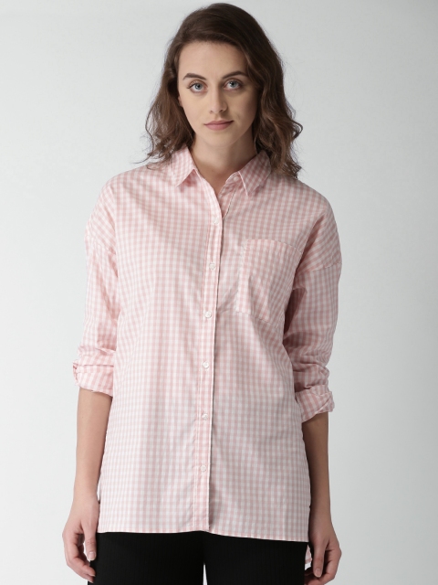 

FOREVER 21 Women Pink & White Regular Fit Checked Casual Shirt