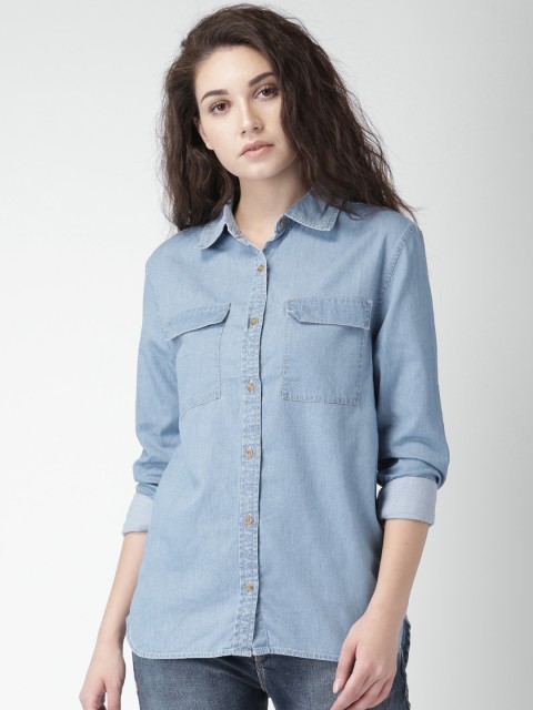 

FOREVER 21 Women Blue Regular Fit Solid Casual Shirt
