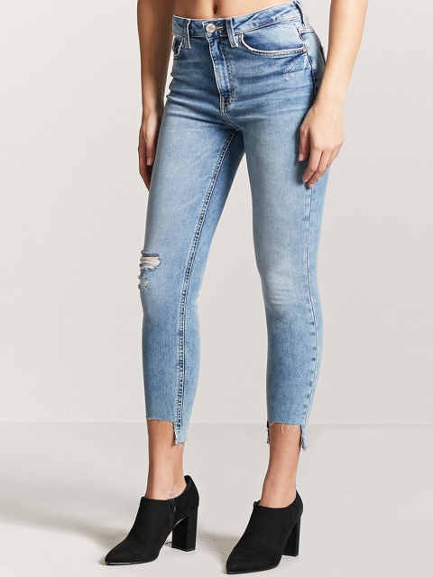 

FOREVER 21 Women Blue Skinny Fit High-Rise Mildly Distressed Stretchable Cropped Jeans