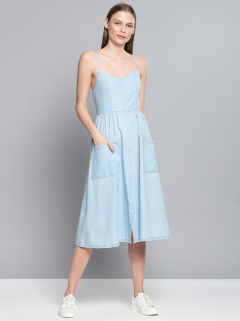 

Chemistry Women Blue Solid Fit and Flare Denim Midi Dress