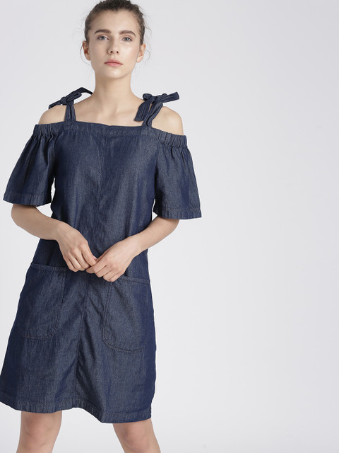 

Chemistry Women Navy Blue Solid A-Line Denim Dress