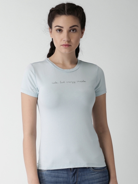 

FOREVER 21 Women Blue Printed Round Neck T-shirt