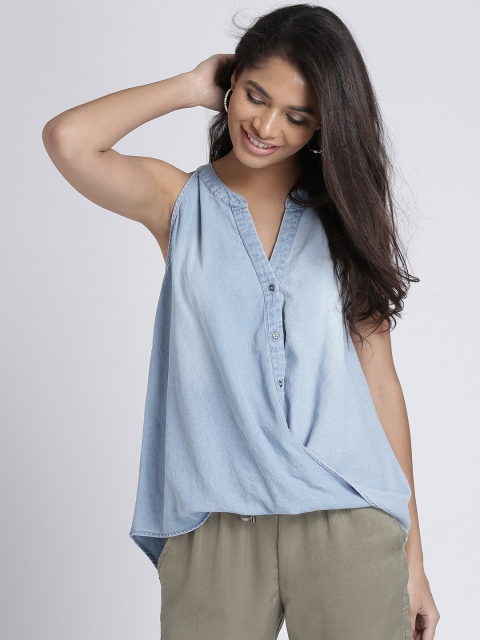 

Chemistry Women Blue Solid Denim Wrap Top