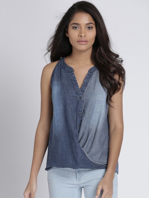 

Chemistry Women Blue Solid Denim Wrap Pure Cotton Top