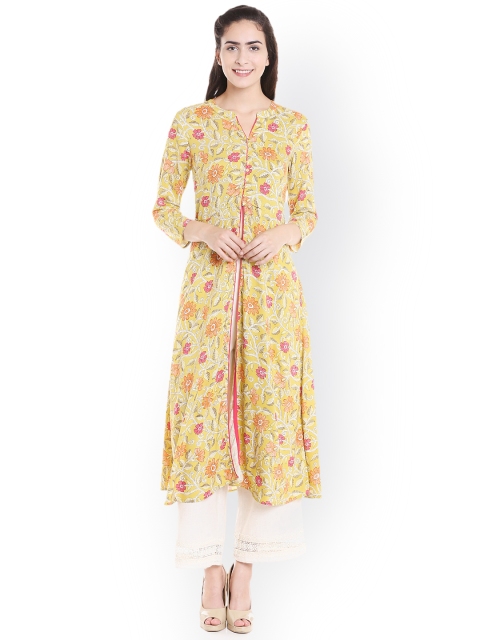 

Fusion Beats Women Yellow & Green Printed Pathani Style Kurta