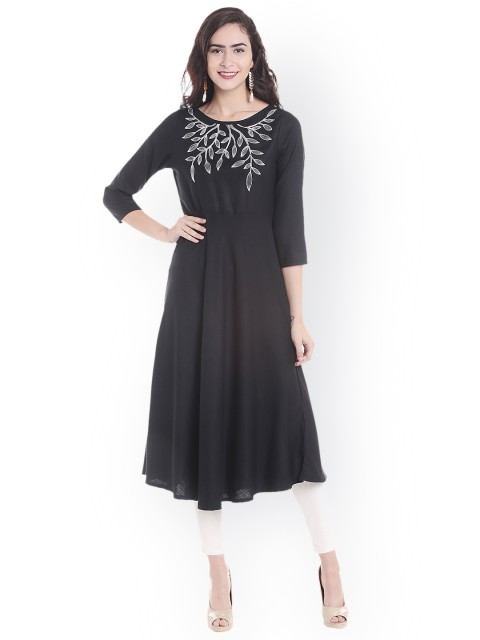 

Fusion Beats Women Black Embroidered A-Line Kurta