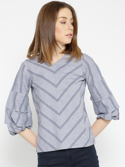 

Noi Women Grey & Blue Striped Styled Back Top