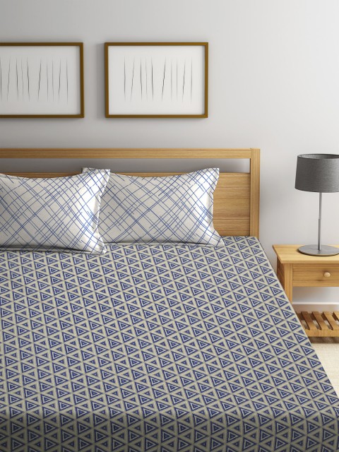 CORE Designed by SPACES Blue & Beige Geometric 144 TC Cotton 1 Queen Bedsheet with 2 Pillow Covers