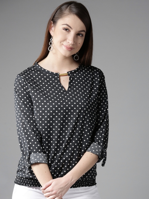 

HERE&NOW Women Charcoal Grey Printed Blouson Top