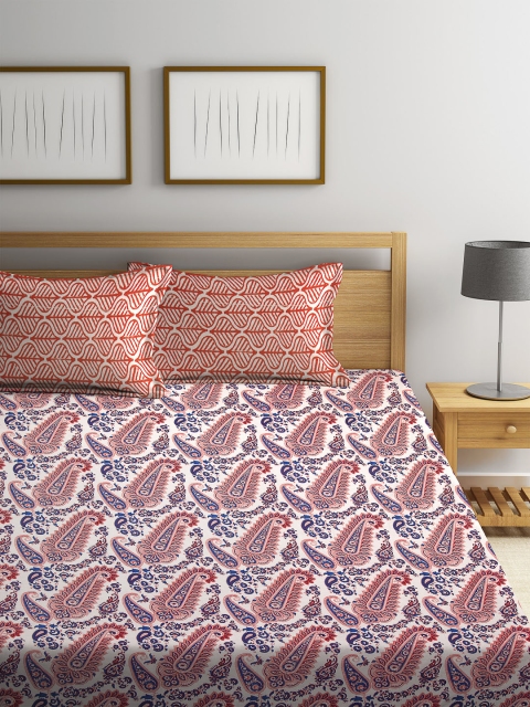

CORE Designed by SPACES White & Red Ethnic Motifs 144 TC Cotton 1 Queen Bedsheet with 2 Pillow Covers