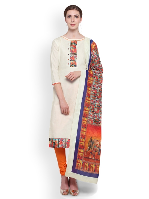 

Saree mall Off-White & Orange Cotton Blend Unstitched Dress Material