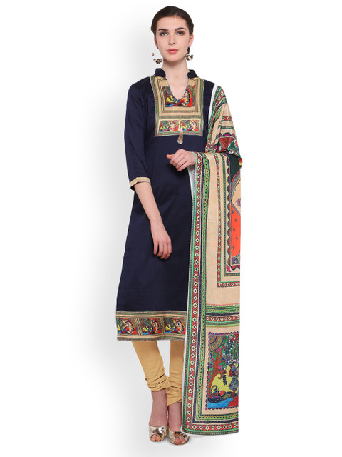 

Saree mall Navy Blue & Beige Cotton Blend Unstitched Dress Material