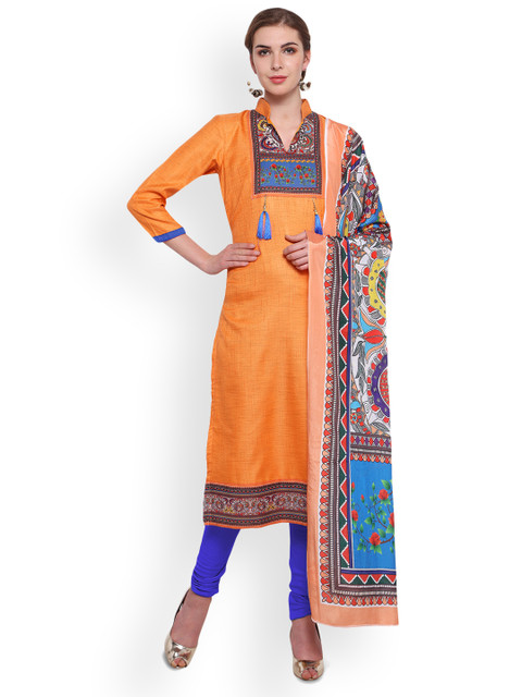 

Saree mall Orange & Blue Cotton Blend Unstitched Dress Material