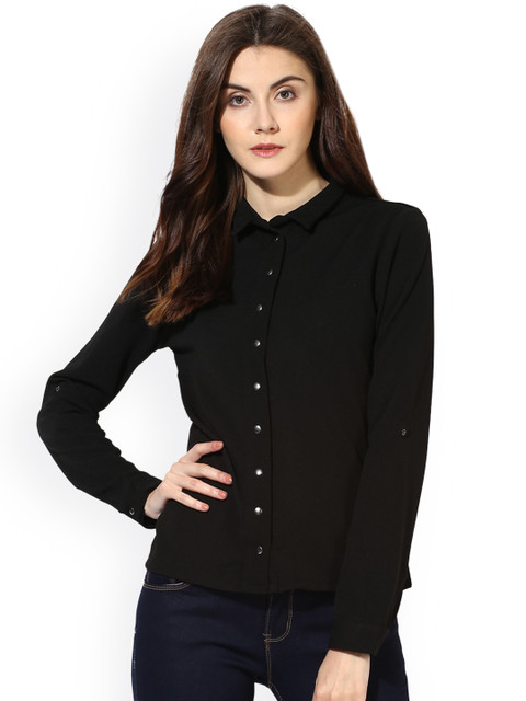 

Kazo Women Black Classic Regular Fit Solid Casual Shirt
