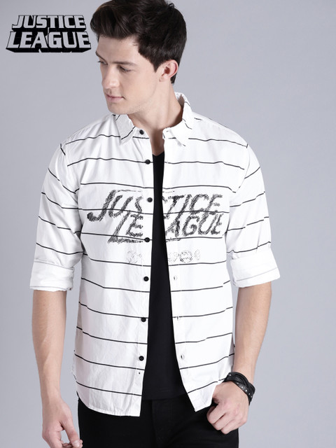 

Justice League Men White & Black Striped Casual Shirt