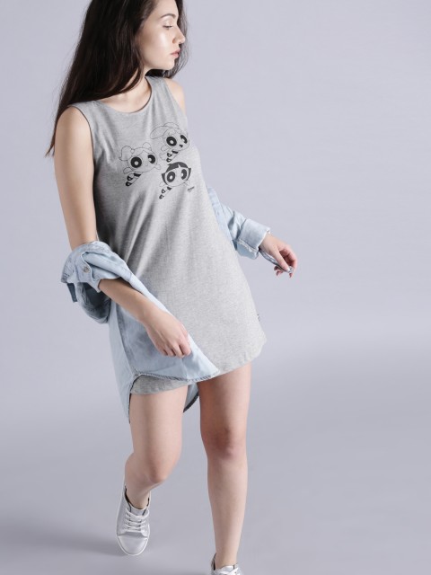 

Powerpuff Girls by Kook N Keech Women Grey Melange Printed T-shirt Dress