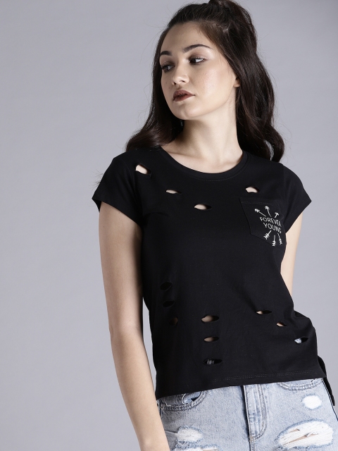 

Kook N Keech Women Black Solid Round Neck Cut-Out T-shirt