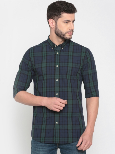 

Jack & Jones Men Navy & Green Slim Fit Checked Casual Shirt, Navy blue