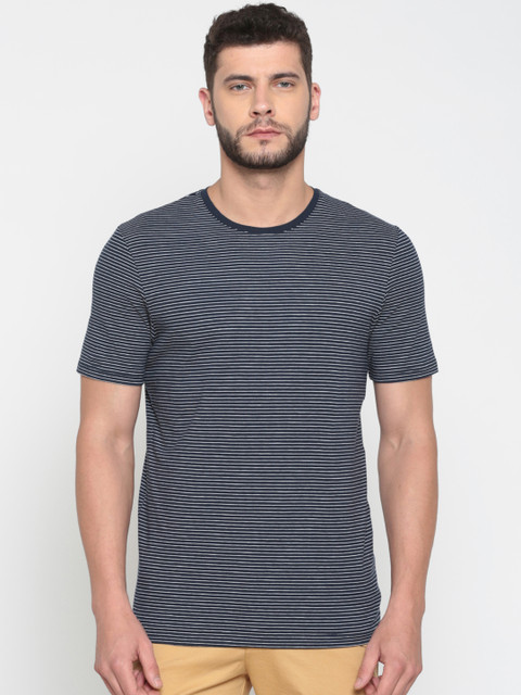

Jack & Jones Men Navy Blue Slim Fit Striped Round Neck T-shirt