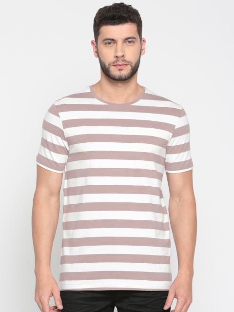 

Jack & Jones Men White & Mauve Slim Fit Striped Round Neck T-shirt