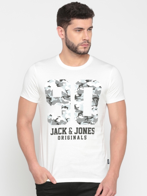 

Jack & Jones Men Off-White Slim Fit Printed Round Neck T-shirt