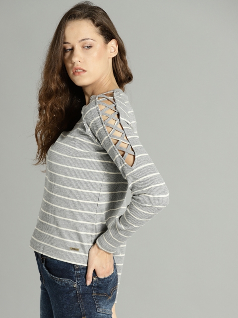 

Roadster Women Grey Melange Striped Top