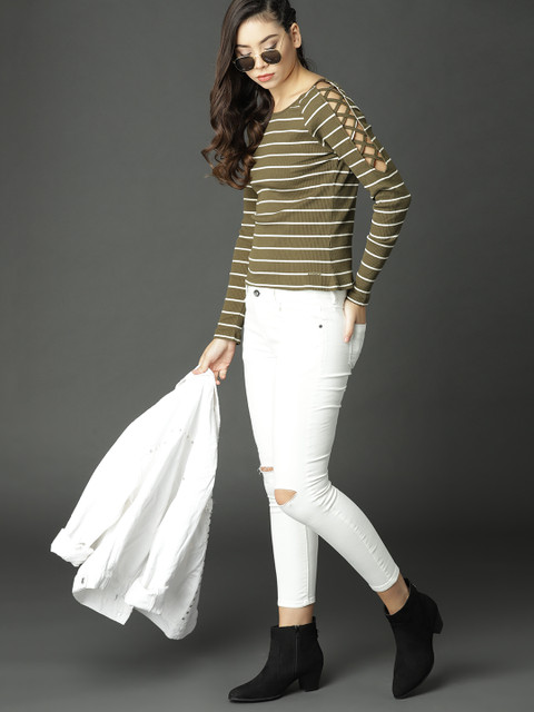 

Roadster Women Olive Green & Off-White Striped Lace-Up Detail Top