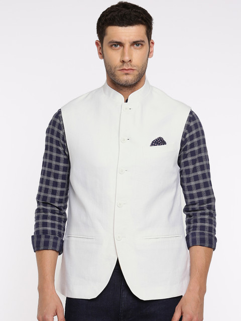 

ColorPlus White Custom Fit Linen Smart Casual Nehru Jacket