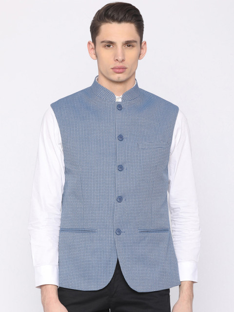 

ColorPlus Blue & White Printed Custom Fit Pure Cotton Nehru Jacket
