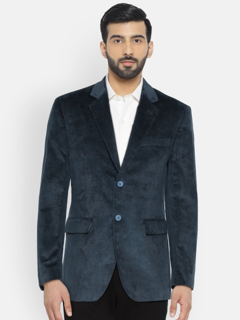 

ColorPlus Blue Tailored Slim Fit Self-Design Corduroy Casual Blazer, Navy blue