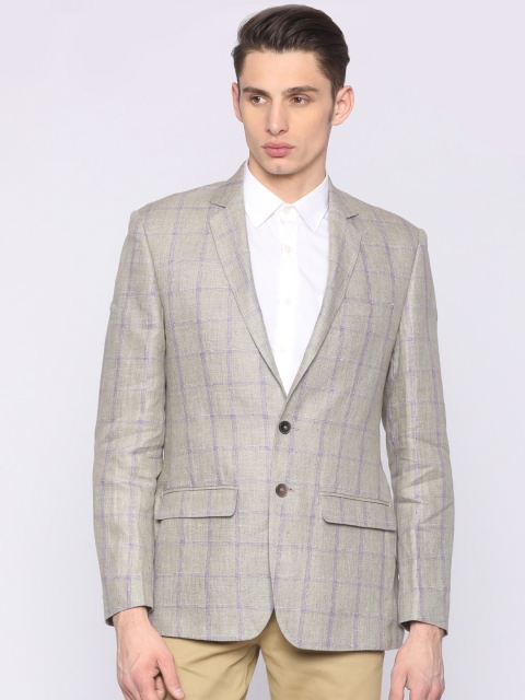 

Park Avenue Men Grey & Purple Checked Single-Breasted Slim Fit Linen Formal Blazer