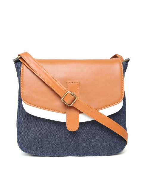

Kanvas Katha Navy & Brown Colourblocked Denim Sling Bag, Navy blue