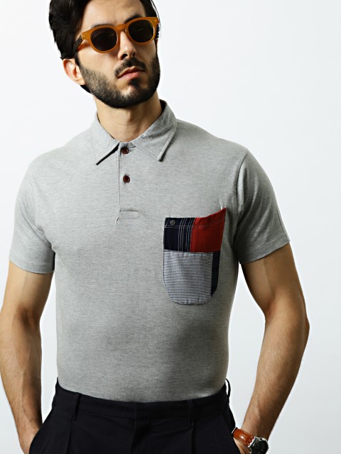 

Mr Bowerbird Men Grey Patchwork Pocket Polo