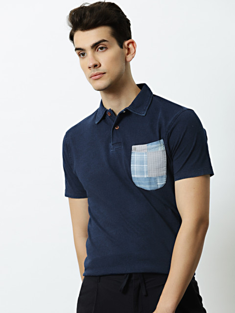 

Mr Bowerbird Men Indigo Solid Polo Patch work Pocket T-shirt, Navy blue
