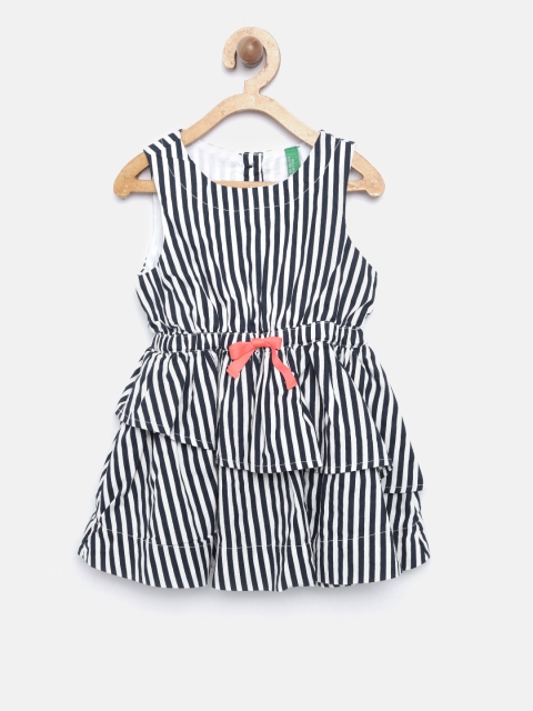 

United Colors of Benetton Girls White & Navy Striped Fit & Flare Dress