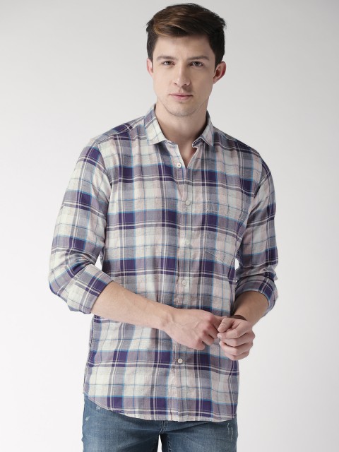 

Mast & Harbour Men Blue & Peach-Coloured Slim Fit Checked Casual Shirt