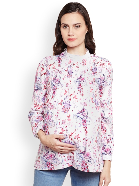 

Oxolloxo Women White & Purple Printed Maternity Top