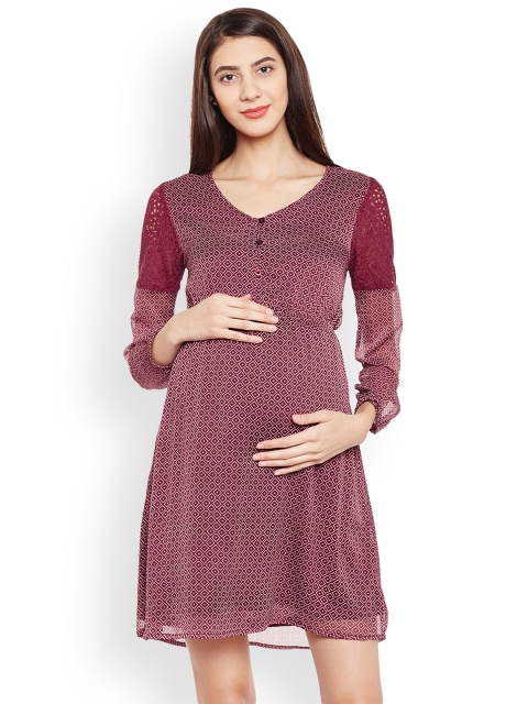 

Oxolloxo Women Maroon Printed Maternity A-Line Dress