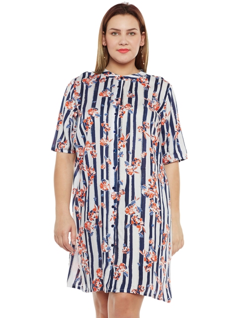 

JUNAROSE Plus Size Women White Navy Blue Regular Fit Striped Shirt Dress