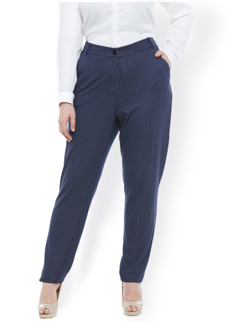 

JUNAROSE Plus Size Women Navy Blue White Tapered Fit Striped Regular Trousers