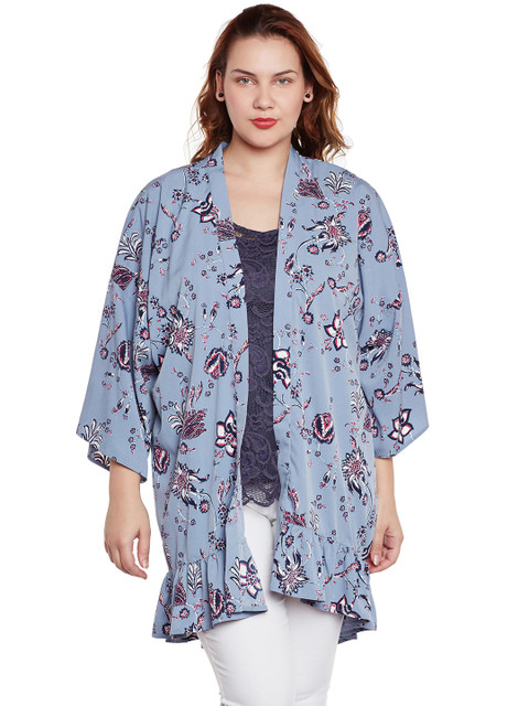 

JUNAROSE Plus Size Blue Pink Printed Open Front Shrug