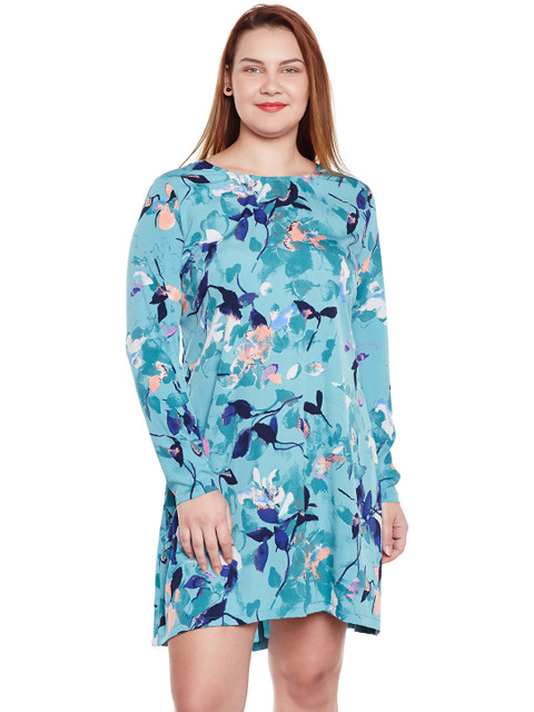 

JUNAROSE Plus Size Women Teal Green Printed A-Line Dress